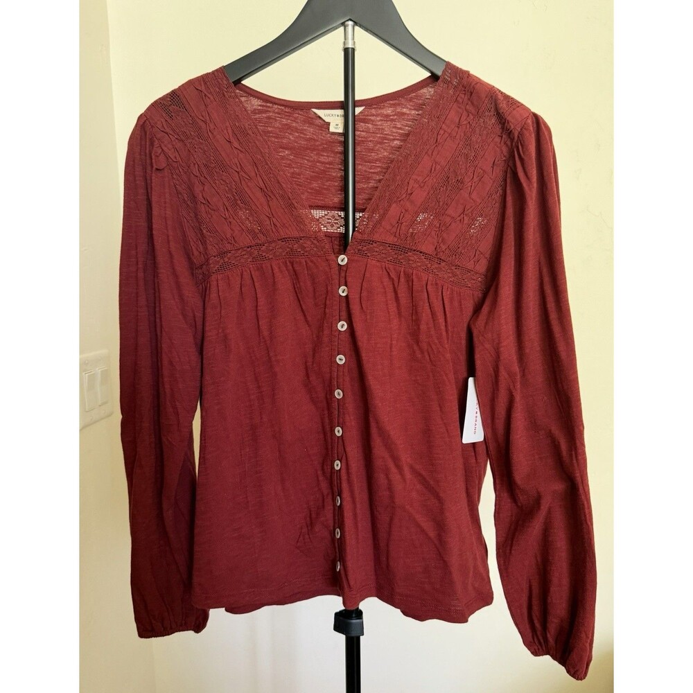 Lucky Brand New Brick Red Knit Top Lace 100% Cotton Long Sleeve Size M Boho